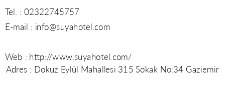 Suya Hotel telefon numaralar, faks, e-mail, posta adresi ve iletiim bilgileri